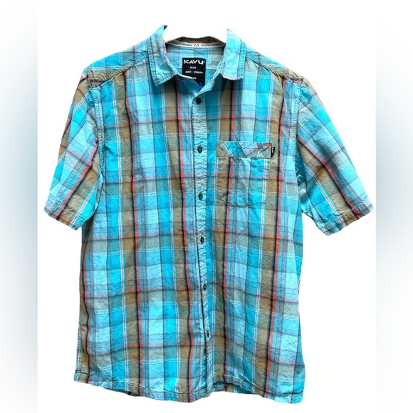 KAVU light blue plaid button short sleeve shirt medium - Picture 1 of 5
